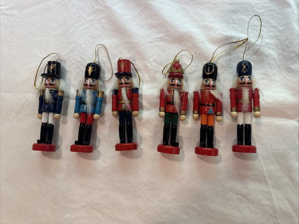 6 Miniature VTG Traditional Wooden Nutcracker Hanging Christmas Tree Ornaments